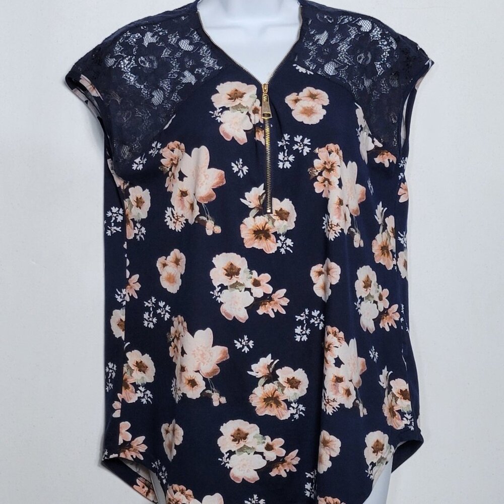 Wishful Park Navy Floral Top with Lace Shoulders, Size M